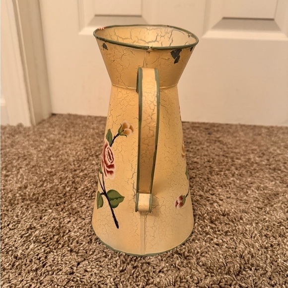 Vintage French Enamel pitcher jug water enameled pink flowers rose - Picture 5 of 6